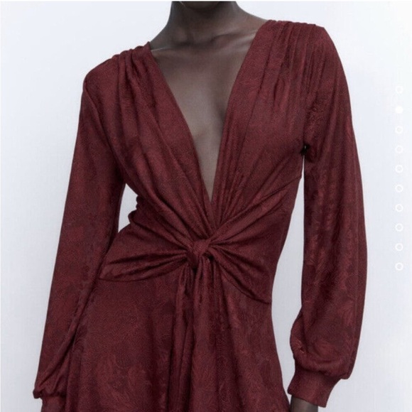 Zara burgundy blogger favorite front tie jacquard midi dress - Picture 4 of 11